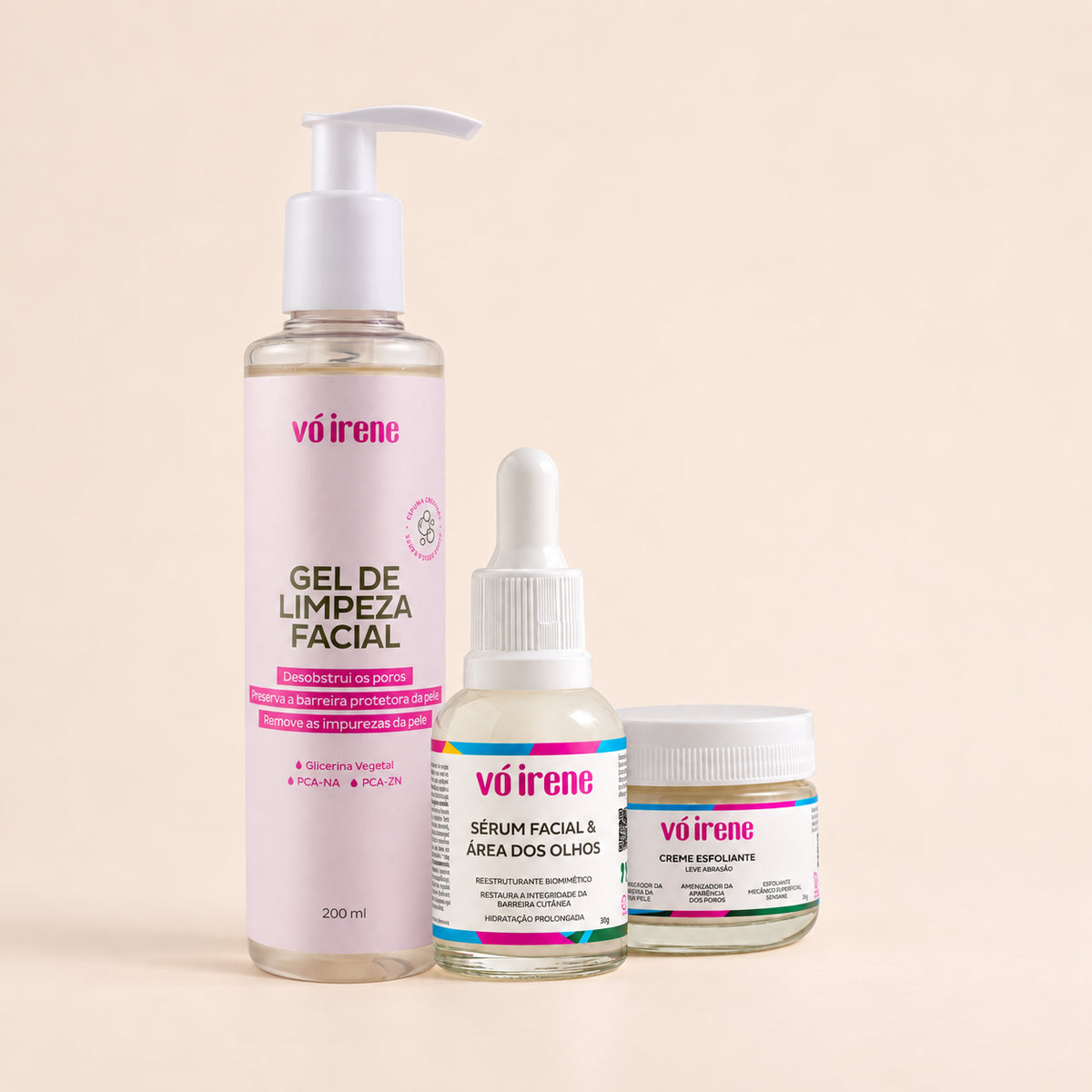 Trio Rotina Facial Vó Irene Gel de Limpeza Facial + Creme Esfoliante Facial + Sérum Facial & Área dos Olhos